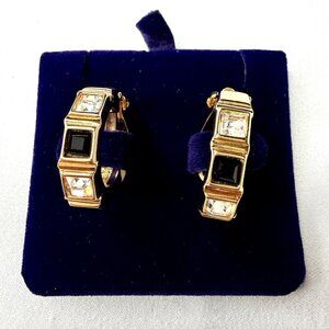 Vintage Swarovski Signed  Swan Clip-On Earrings Black & Clear Crystal Gold Tone